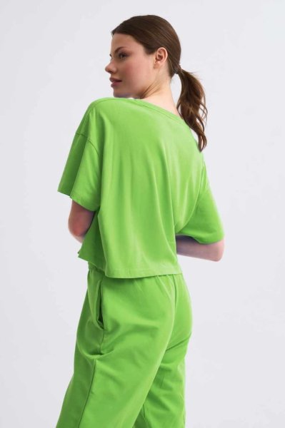 Organik Regular Fit Kısa Kollu Kadın Crop Tişört - Yeşil Yeşil - S