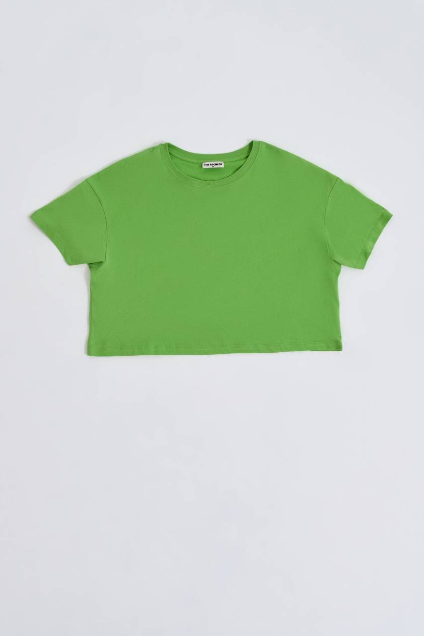 Organik Regular Fit Kısa Kollu Kadın Crop Tişört - Yeşil Yeşil - S