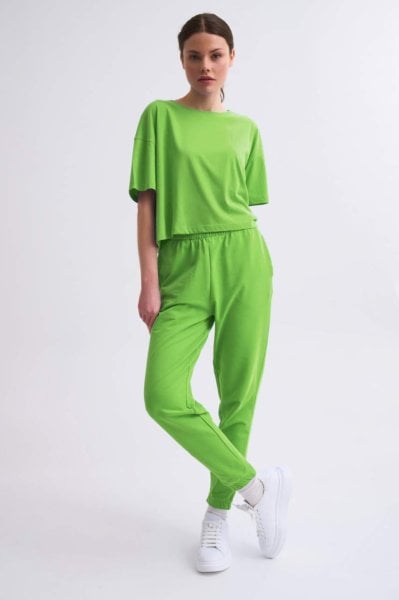 Organik Regular Fit Kısa Kollu Kadın Crop Tişört - Yeşil Yeşil - XS