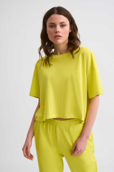 Organik Regular Fit Kısa Kollu Kadın Crop Tişört - Sarı Sarı - XL