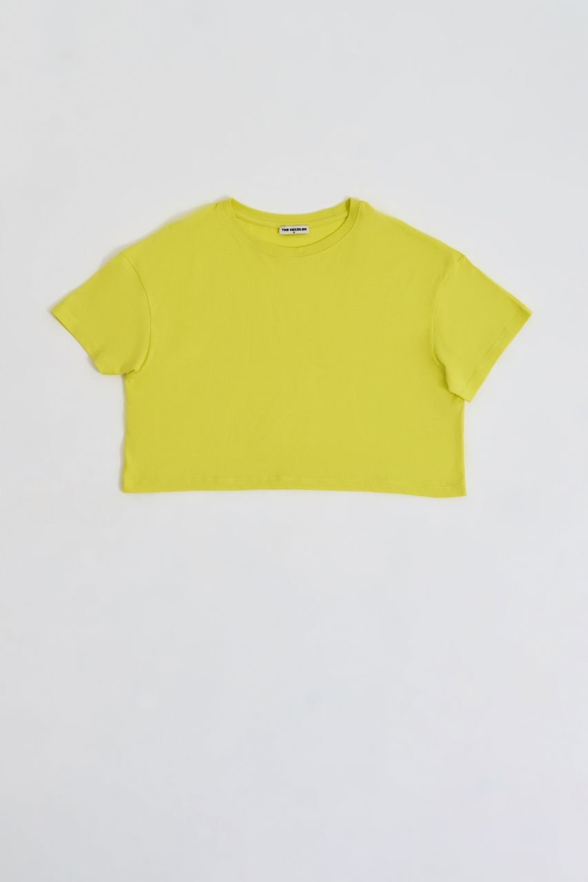 Organik Regular Fit Kısa Kollu Kadın Crop Tişört - Sarı Sarı - XS