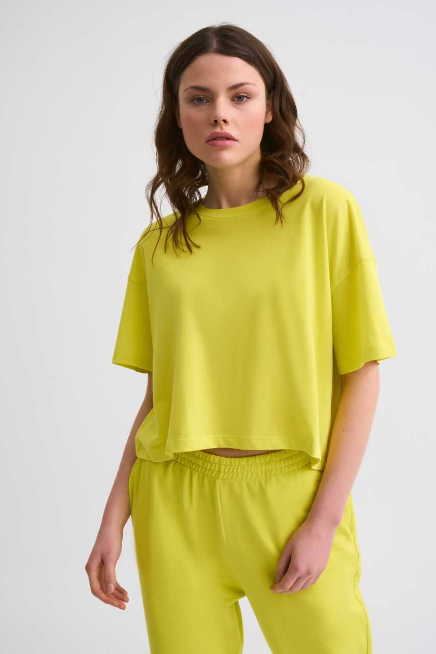 Organik Regular Fit Kısa Kollu Kadın Crop Tişört - Sarı Sarı - XS