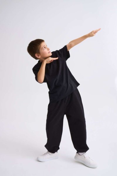 Organik Kısa Kollu Yuvarlak Yaka Erkek Çocuk Tişört - Siyah Siyah - 12-14