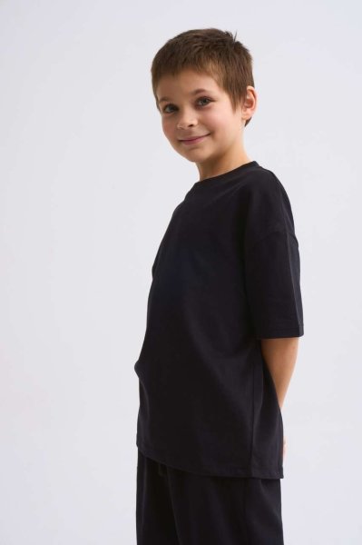 Organik Kısa Kollu Yuvarlak Yaka Erkek Çocuk Tişört - Siyah Siyah - 12-14