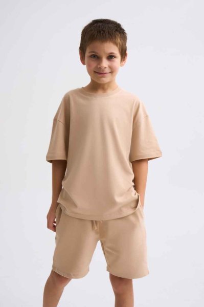 Organik Kısa Kollu Yuvarlak Yaka Erkek Çocuk Tişört - Bej Bej - 8-10