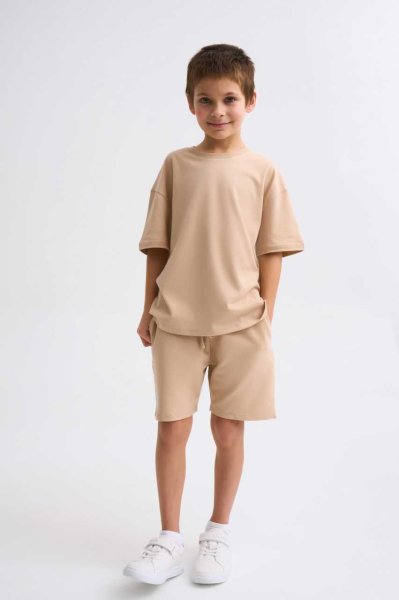 Organik Kısa Kollu Yuvarlak Yaka Erkek Çocuk Tişört - Bej Bej - 8-10