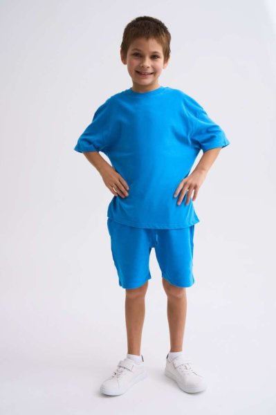 Organik Kısa Kollu Yuvarlak Yaka Erkek Çocuk Tişört - Mavi Mavi - 8-10