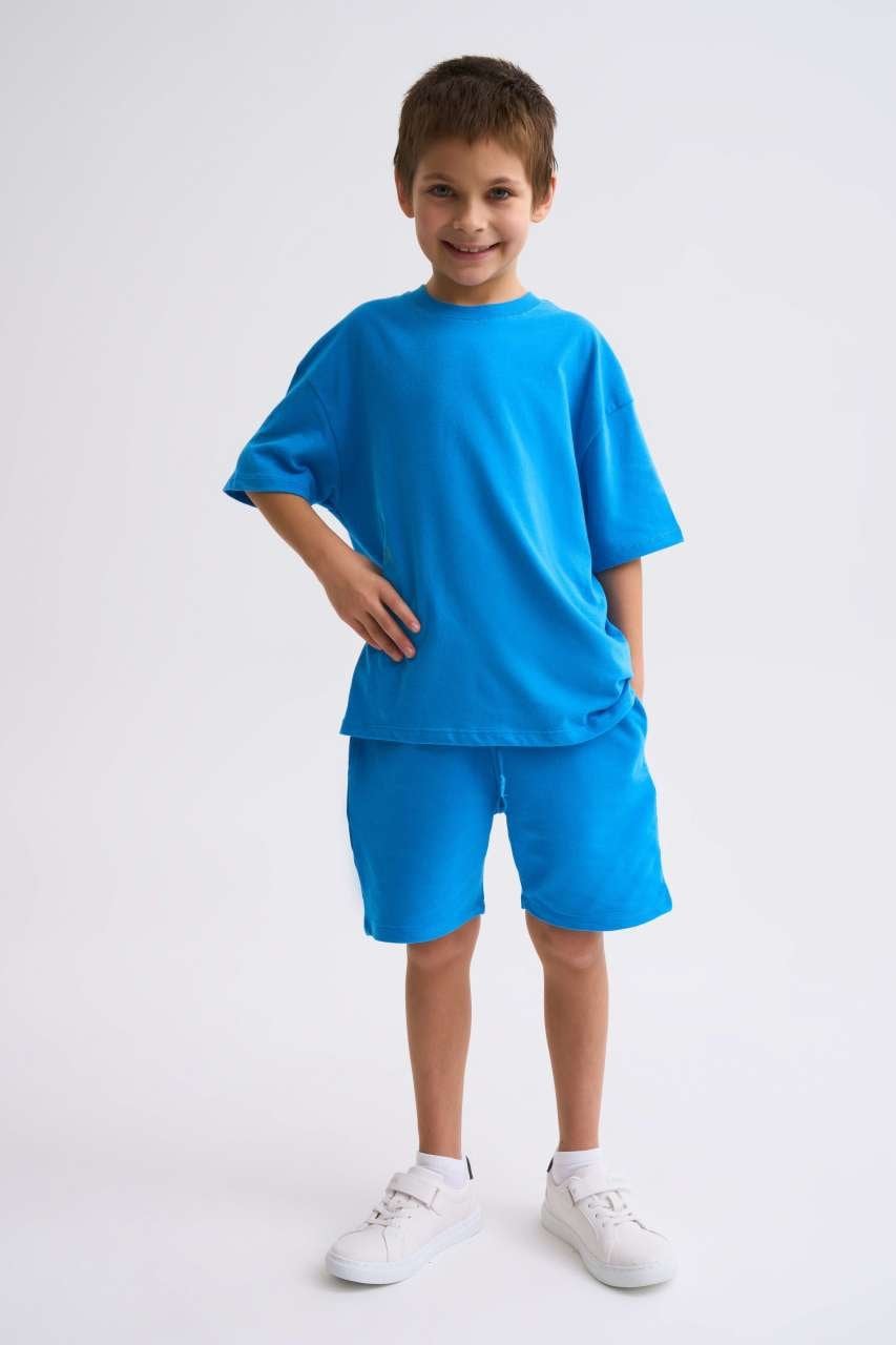 Organik Kısa Kollu Yuvarlak Yaka Erkek Çocuk Tişört - Mavi Mavi - 8-10