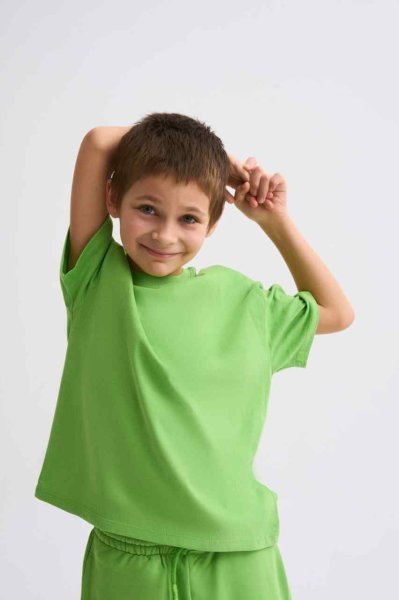 Organik Kısa Kollu Yuvarlak Yaka Erkek Çocuk Tişört - Yeşil Yeşil - 8-10