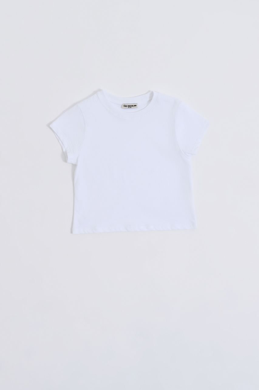 Organik Kısa Kollu Kız Çocuk Crop Tişört - Beyaz Beyaz - 8-10