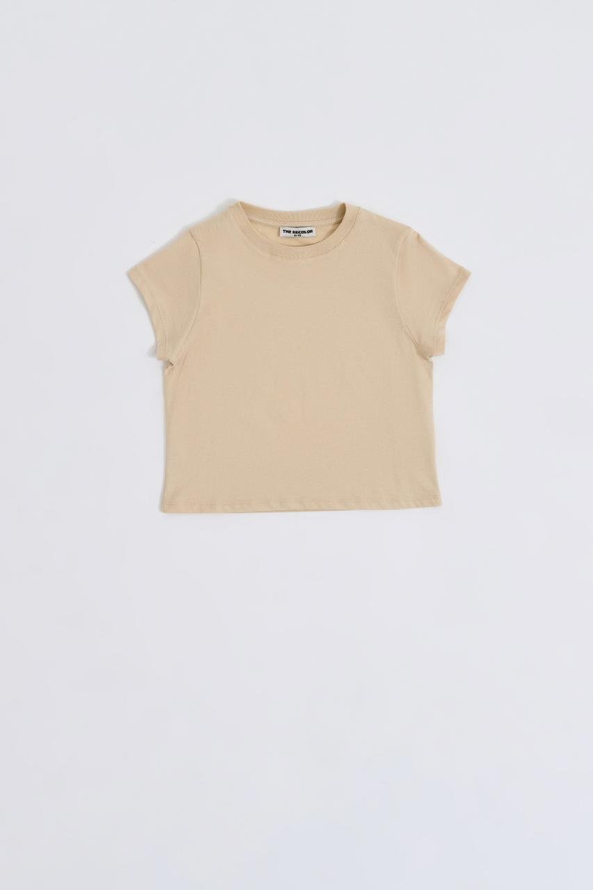 Organik Kısa Kollu Kız Çocuk Crop Tişört - Açık Bej Açık Bej - 6-8