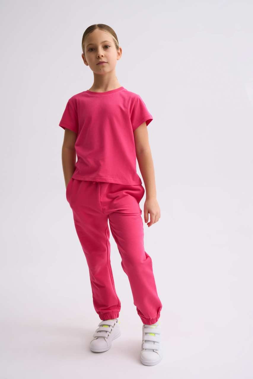Organik Kısa Kollu Kız Çocuk Crop Tişört - Pembe Pembe - 6-8