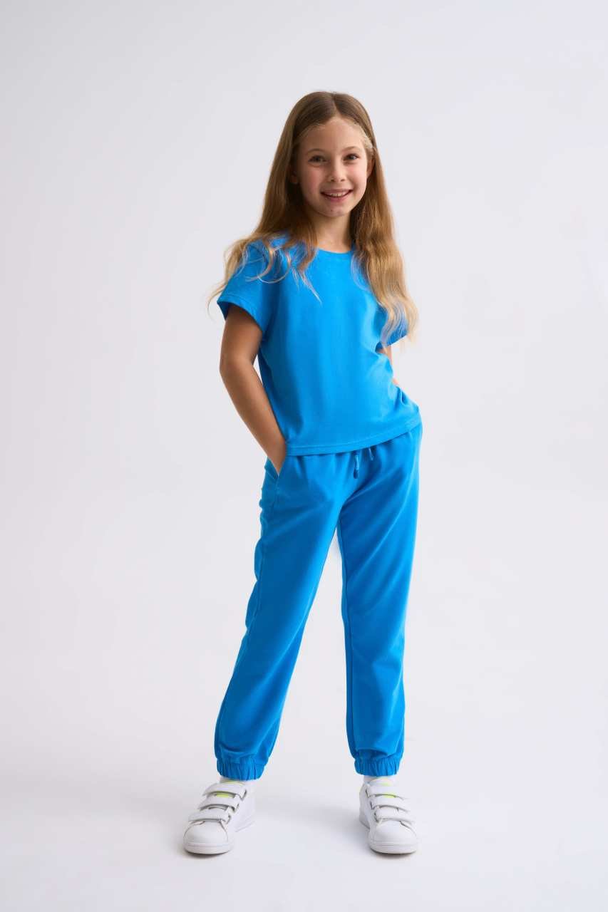 Organik Kısa Kollu Kız Çocuk Crop Tişört - Mavi Mavi - 10-12