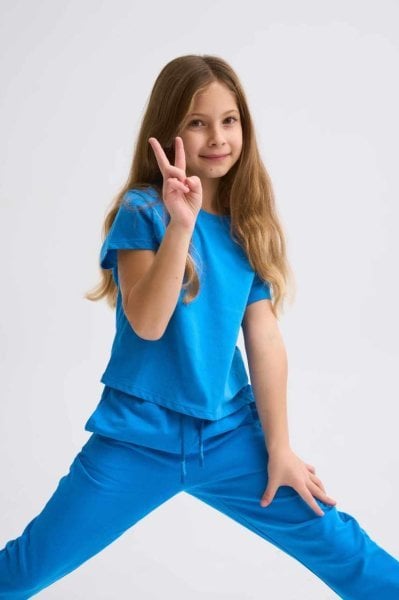 Organik Kısa Kollu Kız Çocuk Crop Tişört - Mavi Mavi - 10-12