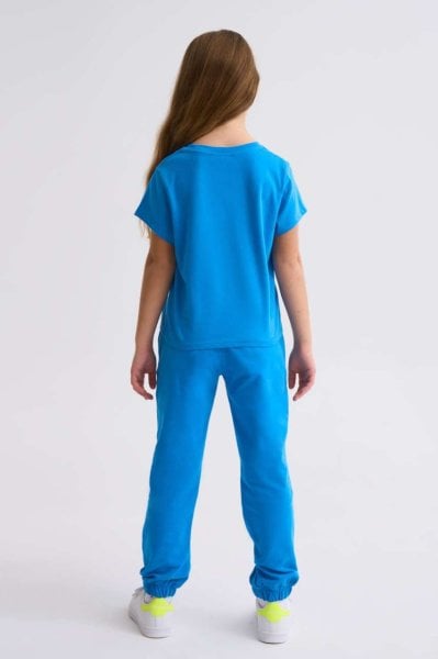 Organik Kısa Kollu Kız Çocuk Crop Tişört - Mavi Mavi - 10-12