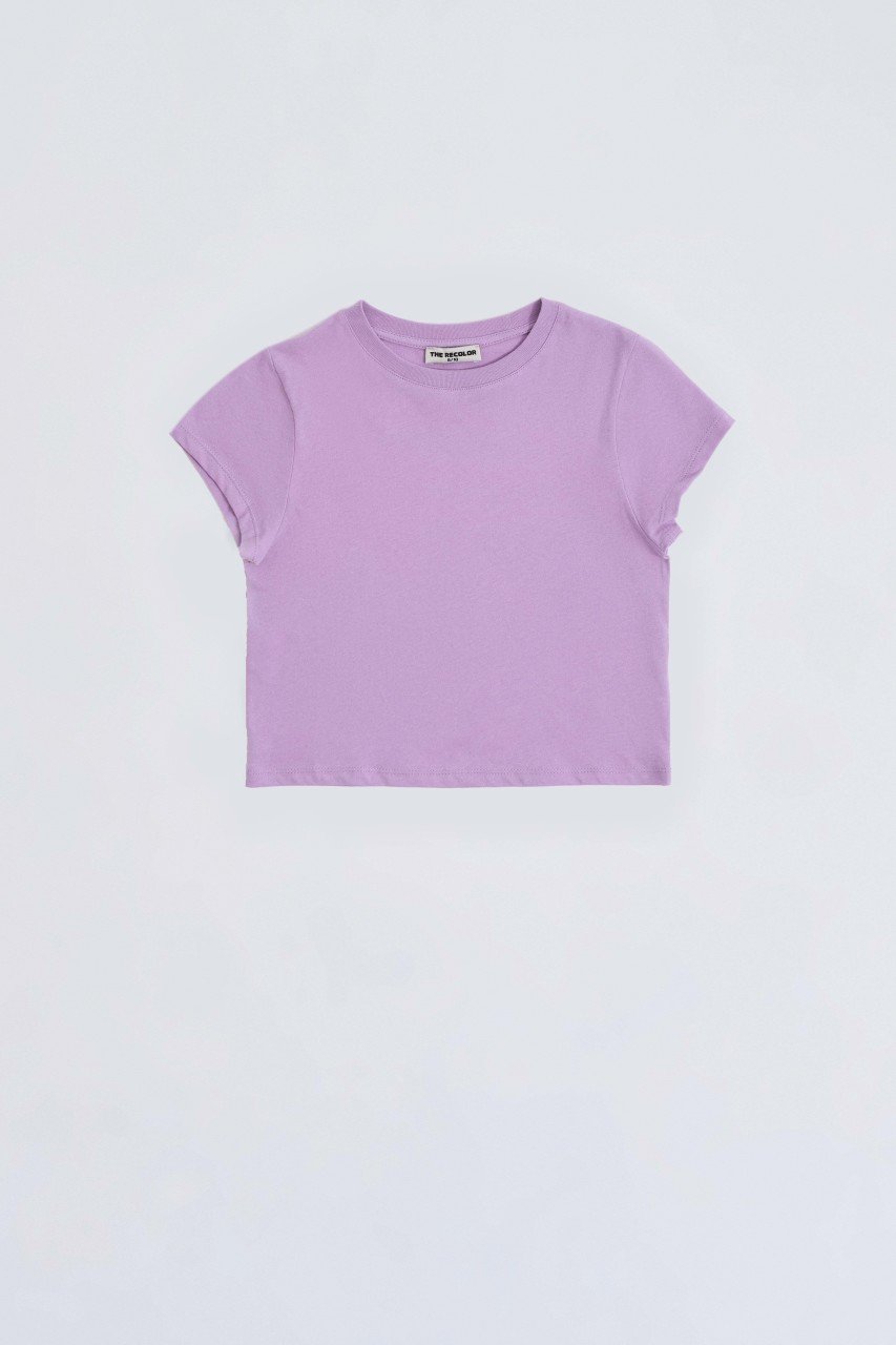 Organik Kısa Kollu Kız Çocuk Crop Tişört - Lila Lila - 12-14