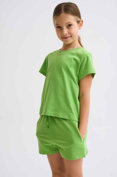 Organik Kısa Kollu Kız Çocuk Crop Tişört - Yeşil Yeşil - 8-10