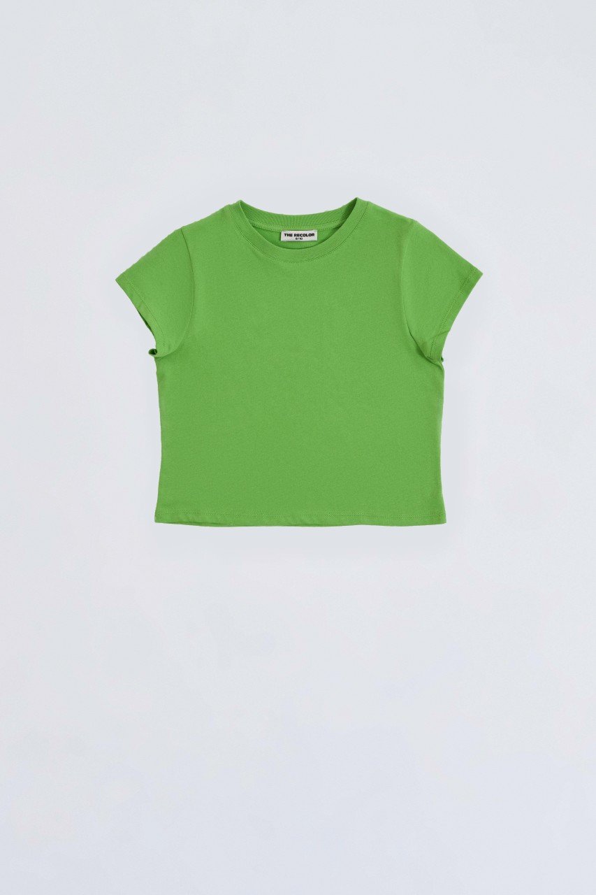 Organik Kısa Kollu Kız Çocuk Crop Tişört - Yeşil Yeşil - 8-10