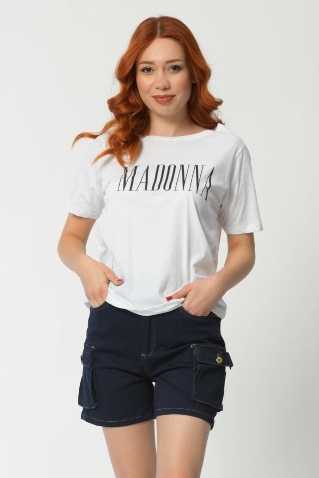 Madonna Baskılı Kısa Kollu Yuvarlak Yaka Kadın Tişört