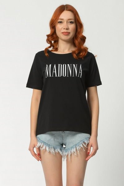 Madonna Baskılı Kısa Kollu Yuvarlak Yaka Kadın Tişört Siyah - S