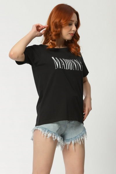 Madonna Baskılı Kısa Kollu Yuvarlak Yaka Kadın Tişört Siyah - M