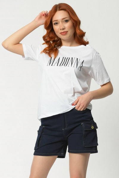 Madonna Baskılı Kısa Kollu Yuvarlak Yaka Kadın Tişört Beyaz - L