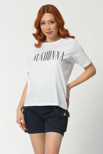 Madonna Baskılı Kısa Kollu Yuvarlak Yaka Kadın Tişört Beyaz - L