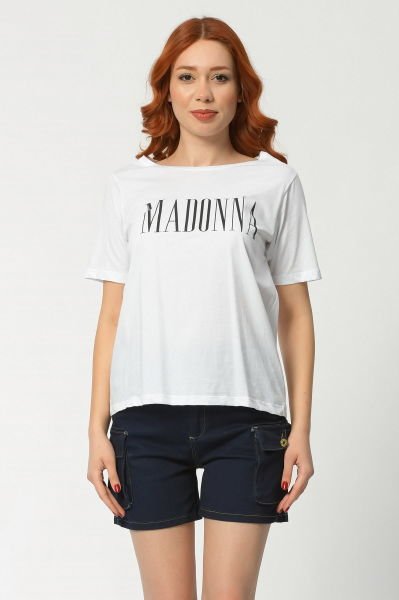 Madonna Baskılı Kısa Kollu Yuvarlak Yaka Kadın Tişört Beyaz - L