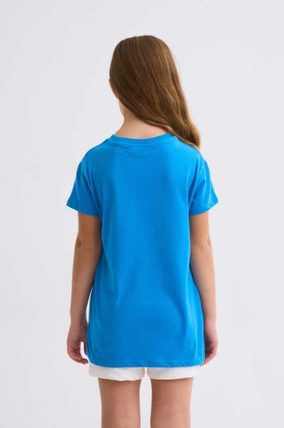 Organik Kısa Kollu Kız Çocuk Tişört - Mavi Mavi - 8-10