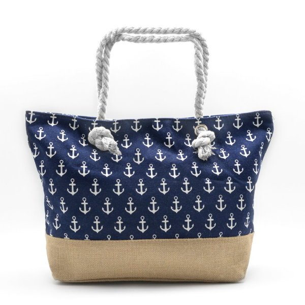 Küçük Çapa Baskılı Lacivert Canvas Plaj Çantası