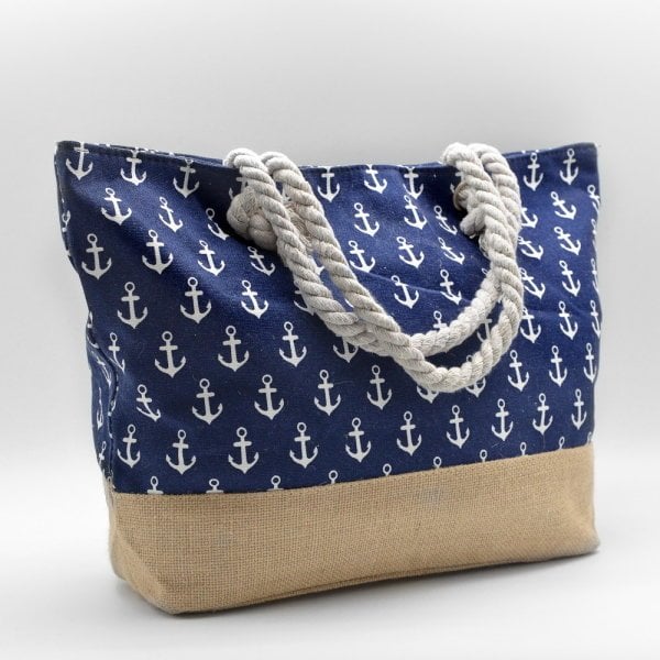 Küçük Çapa Baskılı Lacivert Canvas Plaj Çantası