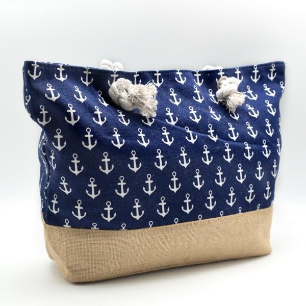 Küçük Çapa Baskılı Lacivert Canvas Plaj Çantası