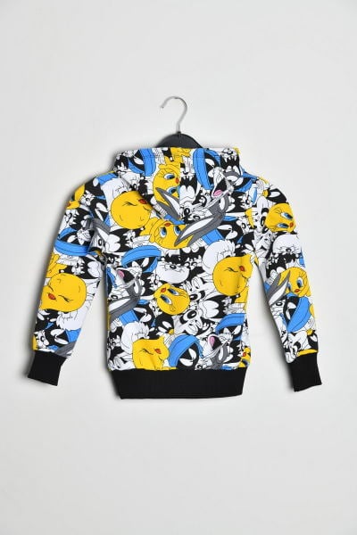 Çizgi Film Karakterli Kapüşonlu ve Cepli Çocuk Sweatshirt  Çok Renkli