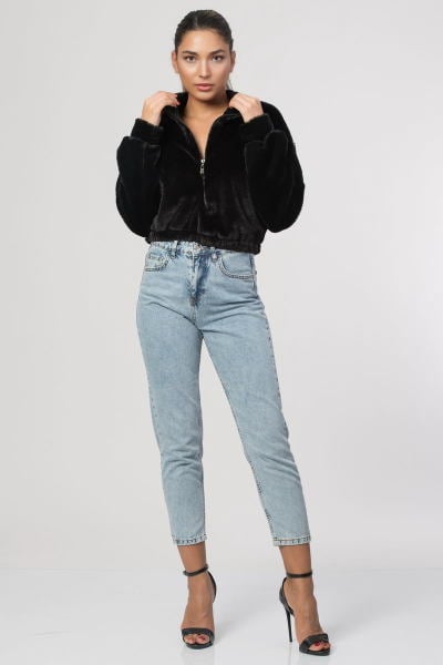 Önü Fermuar Detaylı Kürklü Kadın Sweatshirt - Siyah