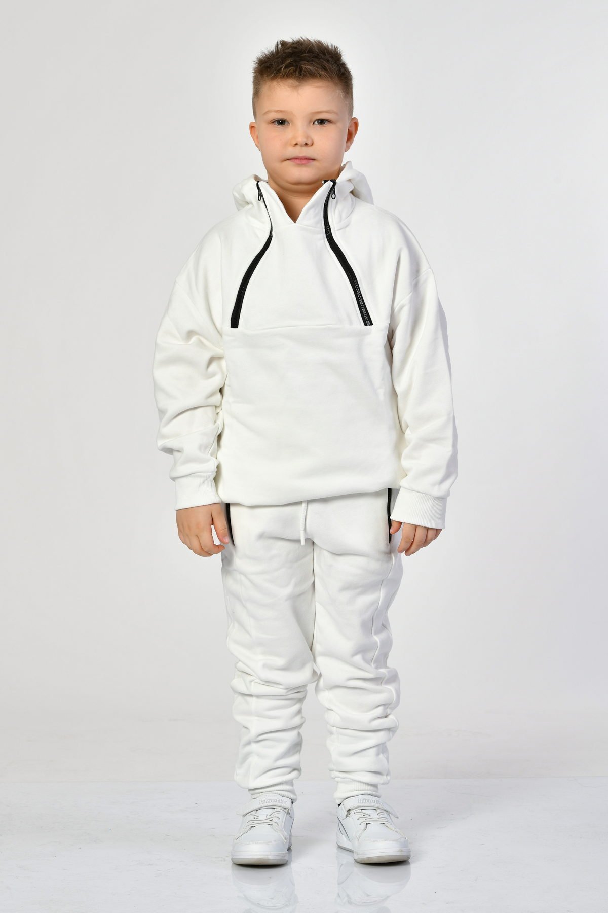 Noori Cepli, Kapüşonlu, Fermuarlı Erkek Çocuk Sweatshirt  - Beyaz