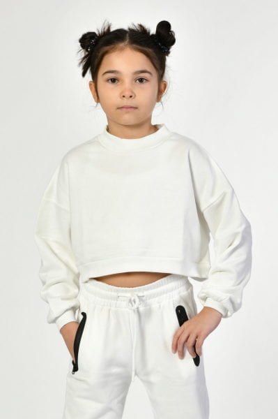 Noori Bisiklet Yaka Crop Kız Çocuk Sweatshirt  - Beyaz