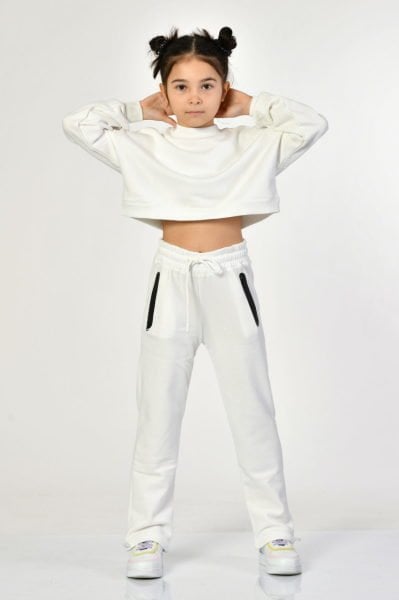 Noori Bisiklet Yaka Crop Kız Çocuk Sweatshirt  - Beyaz