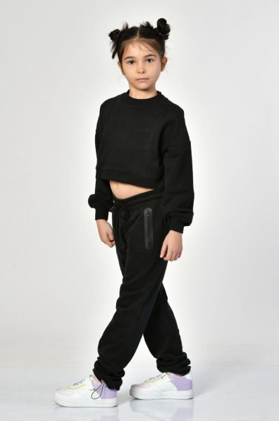 Noori Bisiklet Yaka Crop Kız Çocuk Sweatshirt  - Siyah