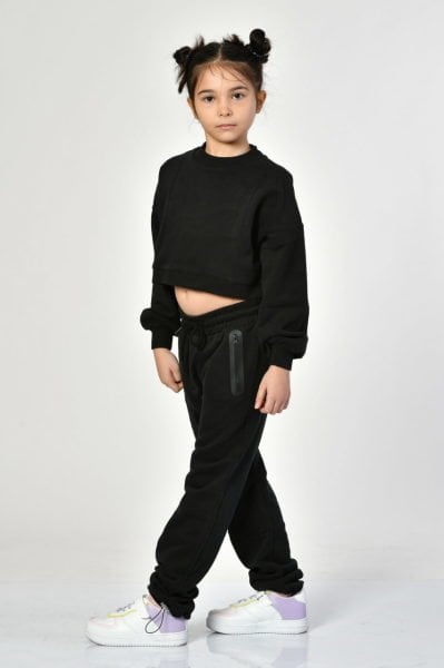 Noori Bisiklet Yaka Crop Kız Çocuk Sweatshirt  - Siyah