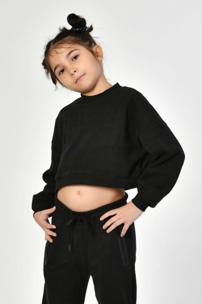 Noori Bisiklet Yaka Crop Kız Çocuk Sweatshirt  - Siyah