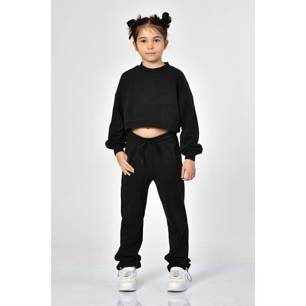 Noori Bisiklet Yaka Crop Kız Çocuk Sweatshirt  - Siyah