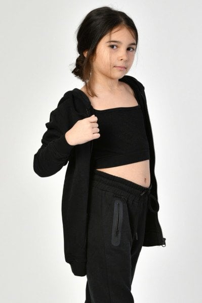 Noori Cepli, Kapüşonlu, Fermuarlı Kız Çocuk Sweatshirt  - Siyah