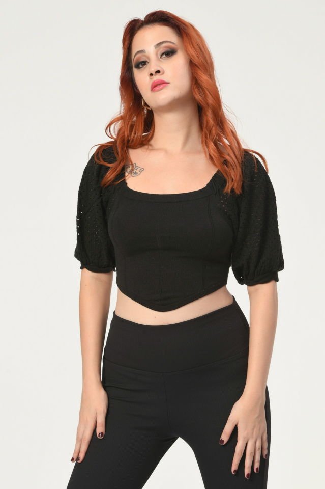 Lefon Kısa Kollu Triko Crop  - Siyah