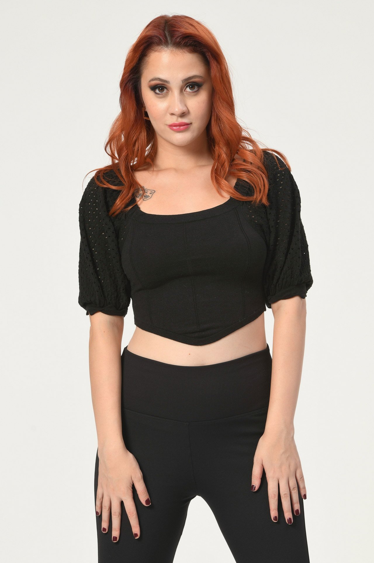 Lefon Kısa Kollu Triko Crop  - Siyah