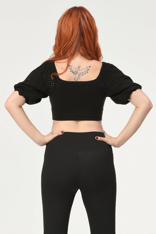 Lefon Kısa Kollu Triko Crop  - Siyah