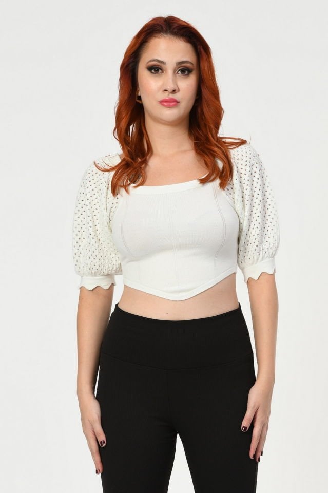 Lefon Kısa Kollu Triko Crop  - Krem