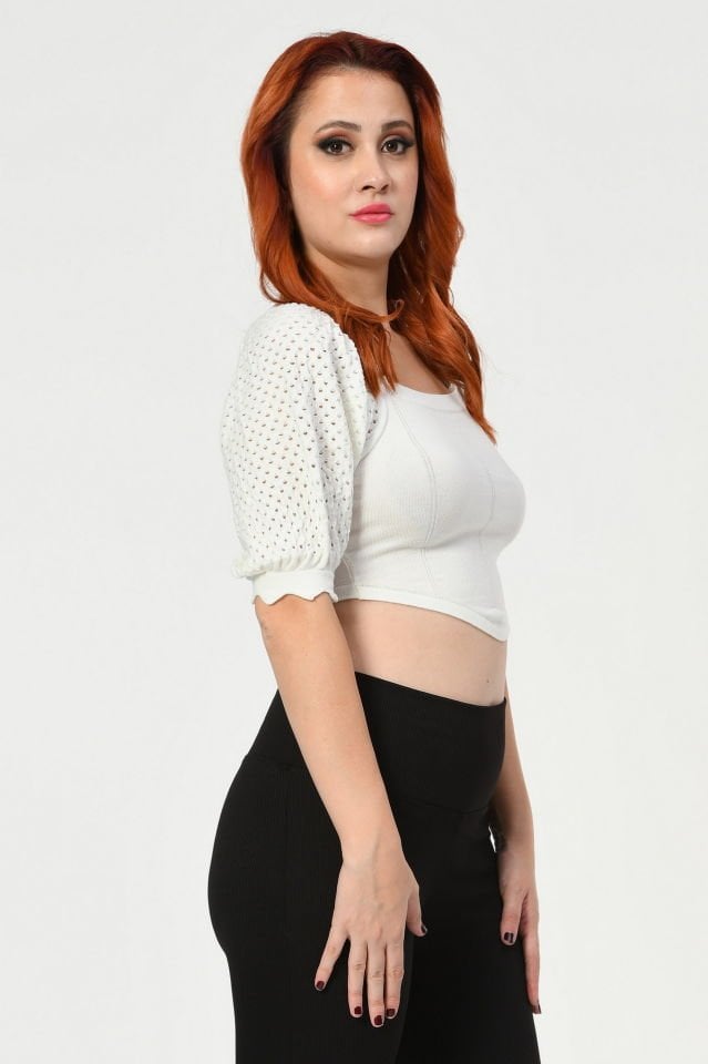 Lefon Kısa Kollu Triko Crop  - Krem