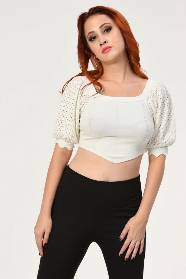 Lefon Kısa Kollu Triko Crop  - Krem