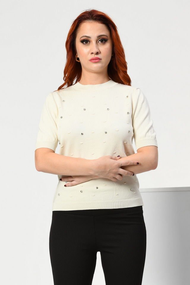 Lefon Kısa Kollu Taşlı Triko  - Krem