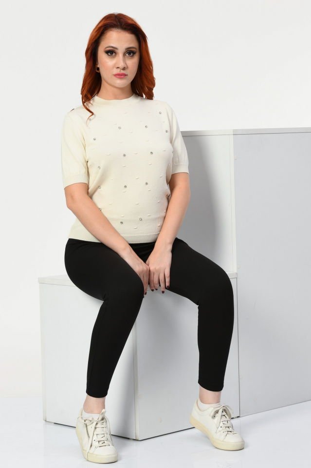 Lefon Kısa Kollu Taşlı Triko  - Krem